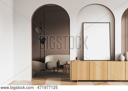 Light Living Room Interior With Wooden Drawer And Mock Up Canvas Poster And Decoration. Lounge Zone 