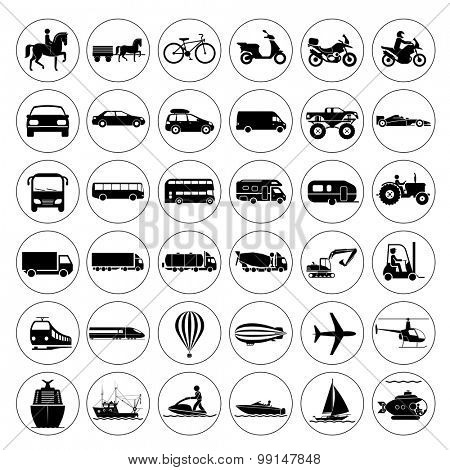 Collection of signs presenting different modes of transport on land, water and in the air. Vintage and modern means of transportation. Transportation icons. Vector illustration.