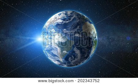 Sunrise view from space on Planet Earth. South America zone. World in black Universe in stars. High detailed 3D Render animation. Realistic world globe. Elements of this image furnished by NASA