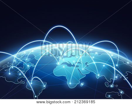 Abstract network vector concept with world globe. Internet and global connection background. Abstract blue world earth digital connection illustration