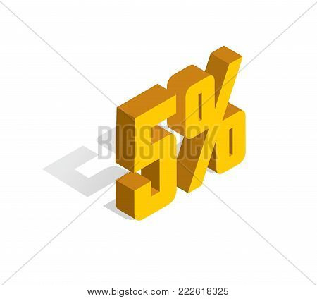 5% percent off, sale, golden-yellow object 3D. Isolated white background. Eps10 Vector.