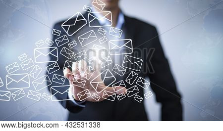 E-mail And Marketing Concept. Double Exposure Businessman Touch Email Pressing For Sending The E-mai