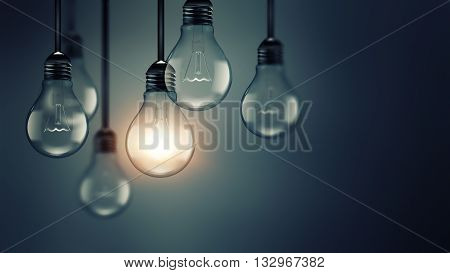 Illuminating light bulb in the dark idea concept realistic 3D image, 3D illustration