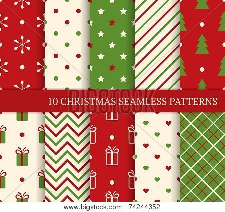 10 Christmas Different Seamless Patterns. Endless Texture For Wallpaper, Web Page Background, Wrappi