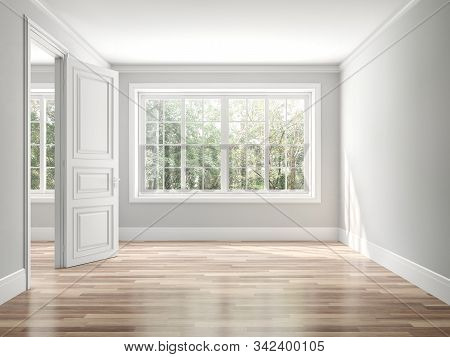 Empty Classical Style Room 3d Render,the Rooms Have Wooden Floors And Gray Walls ,decorate With Whit