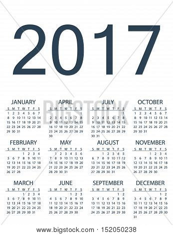 Simple calendar for 2017. Vector template design monthly date illustration 2017 calendar week organizer simple number. Organizer date 2017 year calendar month business template design.