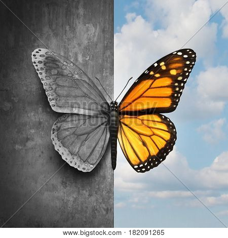 Bipolar mental disorder abstract psychological illness concept as a butterfly divided as one side in grey and sad colors with the other in full bright tones as a medical metaphor for psychiatric mood or feelings imbalance.