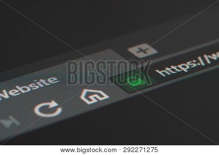 Web Browser Closeup On Lcd Screen With Shallow Focus On Https Padlock. Internet Security, Ssl Certif