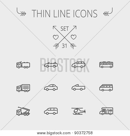 Transportation thin line icon set for web and mobile. Set includes- bus, cars, van, helicopter, camper van icons. Modern minimalistic flat design. Vector dark grey icon on light grey background.