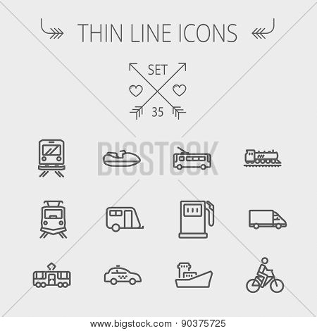 Transportation thin line icon set for web and mobile. Set includes- gas pump, vessel, car, train, bus, boat  icons. Modern minimalistic flat design. Vector dark grey icons on light grey background.