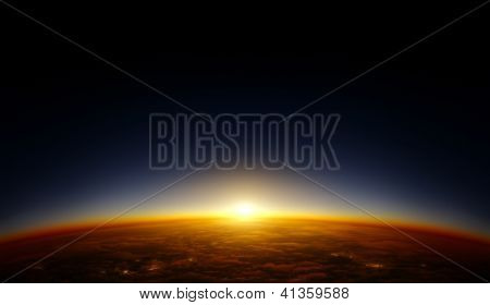 Ilustración de un planeta visto desde la órbita en el espacio con la puesta de sol sobre el horizonte. Continente