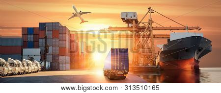 Logistics And Transportation Of Container Cargo Ship And Cargo Plane With Working Crane Bridge In Sh