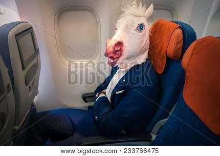 Strange Passenger In Elegant Suit Sits Alone Inside The Aircraft And Ready To Take Off. Young Seriou