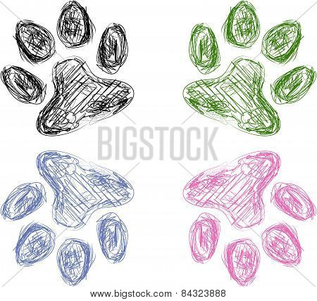 Colorful Sketch Drawing of Four Animal Paw Prints