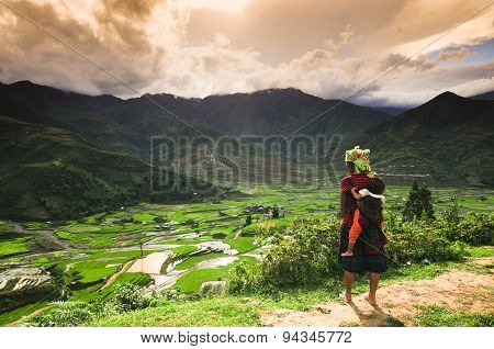 H'mong ethnic minority woman with her son in Mucangchai, Vietnam