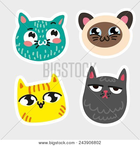 Four Isolated Cat Emoji Framed Thick White Line Blue Cat In Speckles Striped Yellow Kitty Siamese Sm