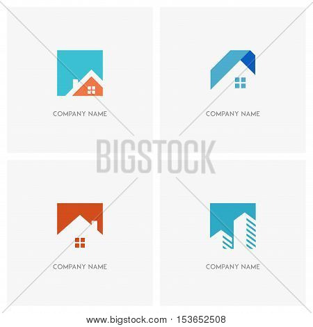 Real estate vector logo. Home with window and chimney, simple house symbol, skyscrapers or arrows on the square background - realty, building, city and megalopolis icons.