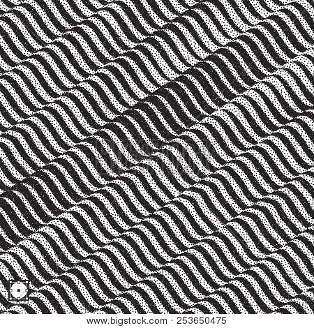 Wavy Background. Black And White Grainy Dotwork Design. Pointillism Pattern With Optical Illusion. S