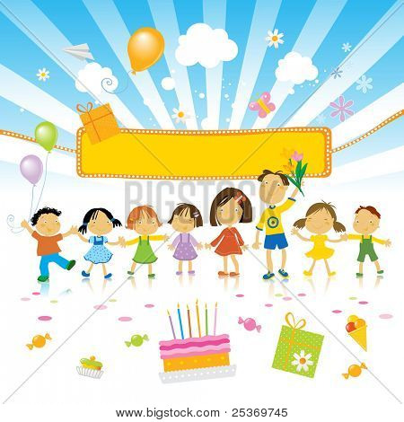 group of kids celebrating, birthday cake and party banner