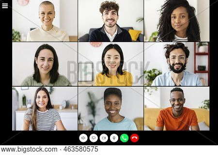 Laptop Screen With Diverse Millennial Young People Having A Video Call - Group Of Multiracial Teenag