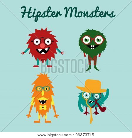 Vector Set  Of Freaky Cute Retro Hipster Alien Monsters