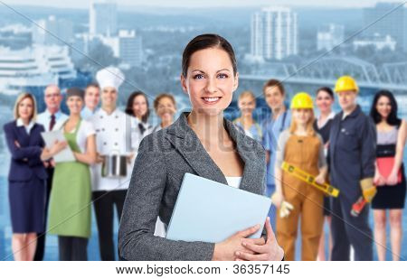 Smiling Business woman and Group of industrial workers.