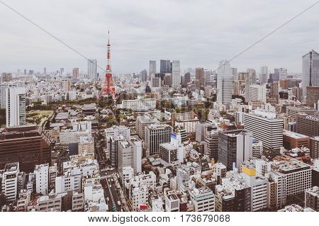 Aerial view Tokyo Tower cityscape Japan. Vintage color tone.