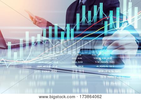 Business Man. Business man using tablet research data for business planning. Business man background. Business working and business people concept. Business Strategy. Business man over sunny and business data background, business content.