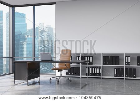 A Ceo Workplace In A Modern Corner Panoramic Office With Singapore City View. A Black Desk With A La