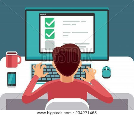 Man At Computer Filling Online Questionnaire Form. Survey Vector Flat Concept. Feedback And Question