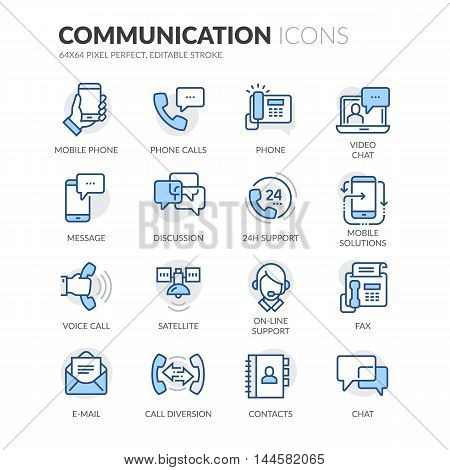 Simple Set of Communication Related Color Vector Line Icons. Contains such Icons as Phone Calls, Video Chat, On-line Support and more. Editable Stroke. 64x64 Pixel Perfect.