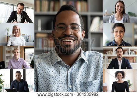 Multiracial Colleagues Have Webcam Online Briefing On Computer