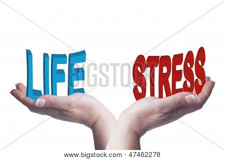 Female Hands Balancing Life And Stress 3D Words Conceptual Image