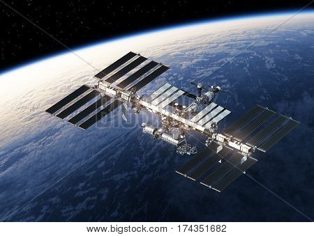 International Space Station Orbiting Earth. 3D Illustration.