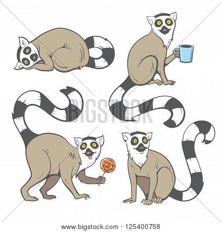 Cute cartoon ring tailed lemurs set. Funny four madagascar cats. Vector image. Children's illustration.