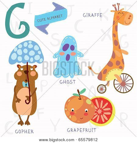 Very Cute Alphabet. G Letter. Ghost,gopher, Giraffe, Grapefruit.