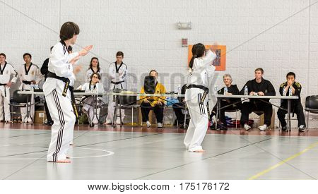 Denver Colorado USA-February 21 2016. Tae Kwon Do testing for verious degree of black belts.