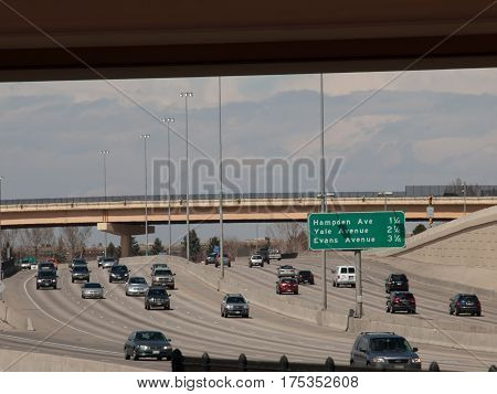 Denver Colorado USA-April 9 2011: Denver's freeway during the day.