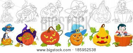 Cartoon halloween set. Cat in a hat sitting on gourd four carving pumpkins with different emotions little child boy in a costume of vampire Dracula. Coloring book pages for kids.