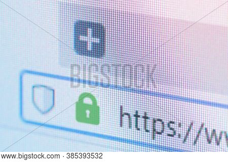 Light Web Browser Close-up On Lcd Screen With Shallow Focus With Https Padlock. Internet Security, S