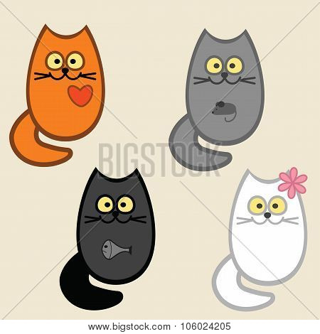 four cats: cat with fish, cat and mouse in the stomach, heart and kitty cat with a flower on