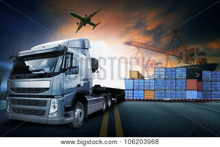 Container Truck ,ship In Port And Freight Cargo Plane In Transport And Import-export Commercial Logi