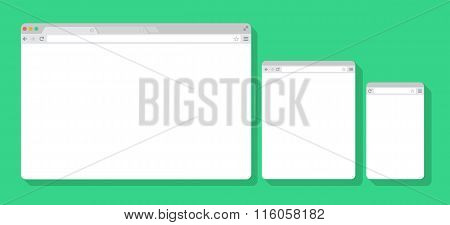 Set of Flat blank browser windows for different devices. Vector. Computer, tablet, phone sizes.