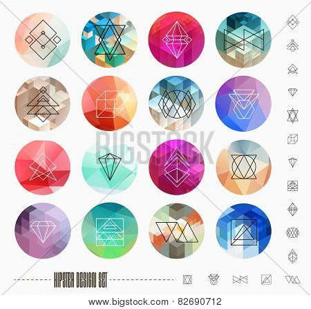 Abstract Geometric Patterns Set with Hipster Style Icons for Logo Design. Line Retro Signs for Logotypes and Business Cards.