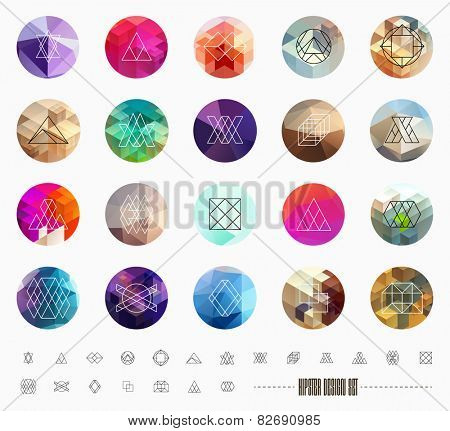 Abstract Geometric Patterns Set with Hipster Style Icons for Logo Design. Line Retro Signs for Logotypes and Business Cards.