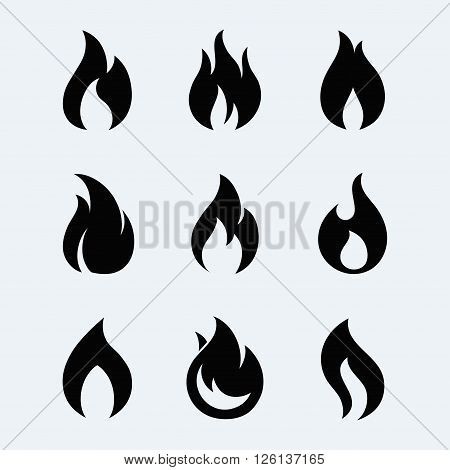 Fire icon vector set. Fire flames isolated from background. Fire black silhouettes. Fire flames icon collection. Different fire icons in flat style. Flaming fire simple shape.