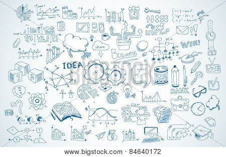 Business doodles Sketch set : infographics elements isolated, vector shapes. It include lots of icons included graphs, stats, devices,laptops, clouds, concepts and so on.