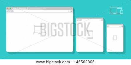 Set of Flat blank browser windows for different devices. Vector. Computer, tablet, phone sizes. Device Icons: smart phone, tablet and desktop computer. Vector illustration of responsive web design.