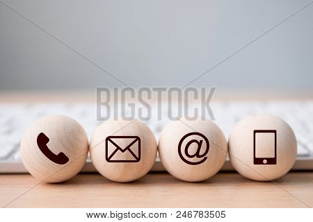 Wood Sphere Symbol Telephone, Mail, Address And Mobile Phone. Website Page Contact Us Or E-mail Mark