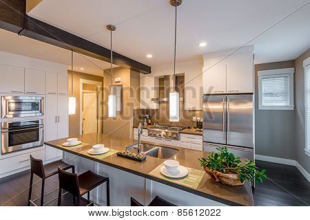 Modern, bright, clean, kitchen interior with stainless steel appliances in a luxury house